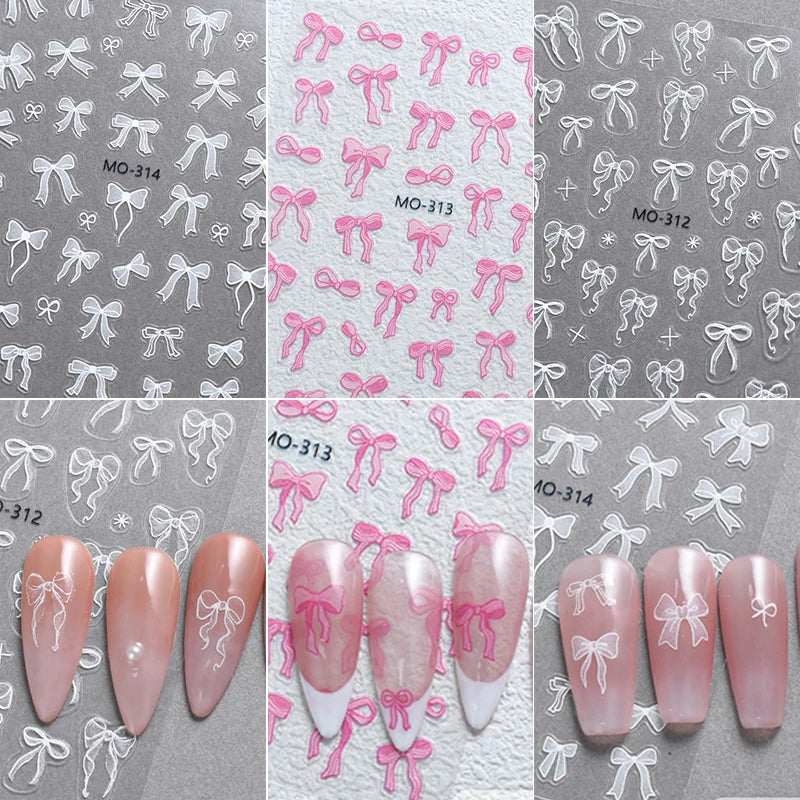 3D Nail Sticker Bowknot Long Silk Ribbon Flower Self-Adhesive Sliders Nail Art Decoration Decals DIY Manicure Accesories New
