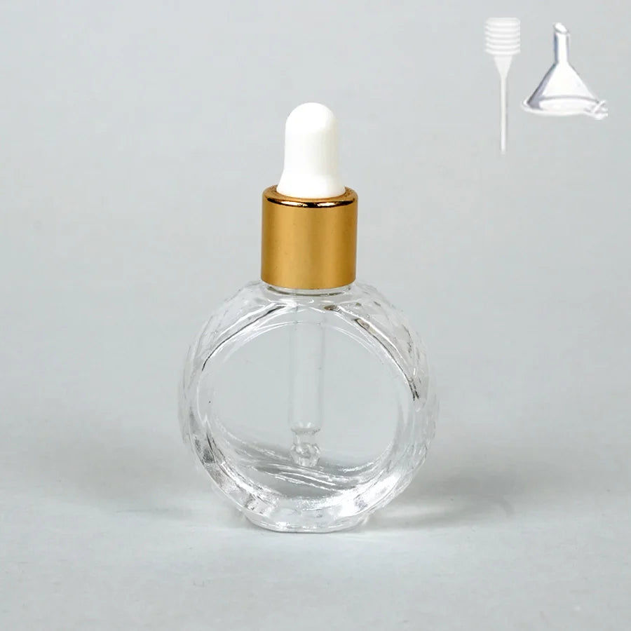 1/2pcs+2 accessories 10ml flat round glass transparent dropper bottle, including 2 spray bottles, 1 funnel, and 1 spring straw