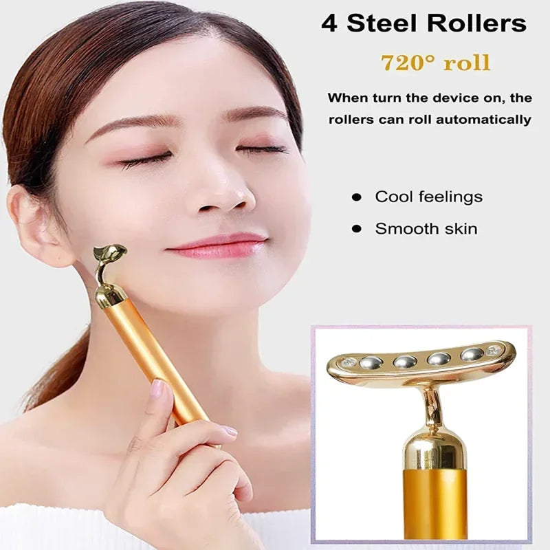 24KGlod Electric Face Massager 3D Roller 2 in 1 Face Pulse T Massager Kit Arm Eye Nose Massager Skin Care Tools