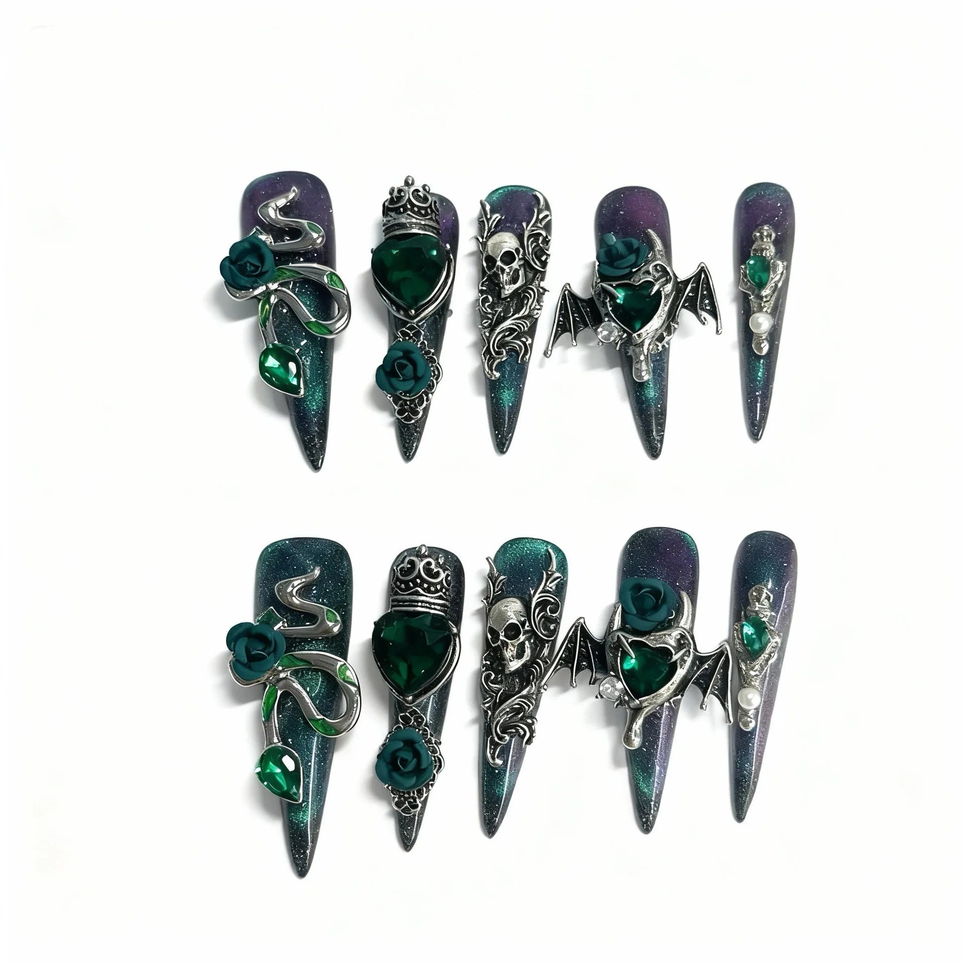 10Pcs Long Retro Stiletto Handmade Press on Nails Green Cat Eye Fake Nails with 3D Snake Design False Nail 네일팁 Накладные Ногти