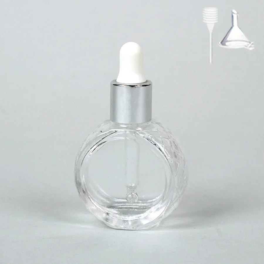 1/2pcs+2 accessories 10ml flat round glass transparent dropper bottle, including 2 spray bottles, 1 funnel, and 1 spring straw