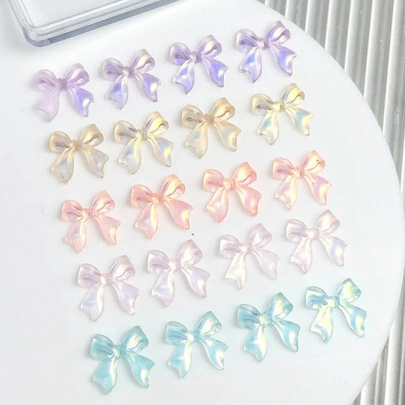 50PCS Random Mixed Auroa Bowknot Nail Charms Fresh Transparent Resin Nail Art Decorations for Manicure DIY Jewelry Accessories