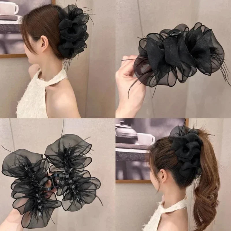 Mesh Bow Grip Clip Women Girls Sweet Elegant Black Large Hair Clip Shopping Wedding Daily Hair Claws Fashion Hair Accessories