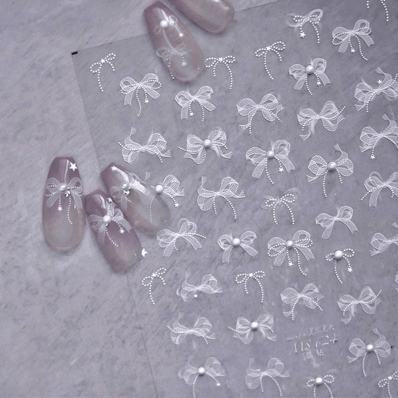 3D Nail Sticker Bowknot Long Silk Ribbon Flower Self-Adhesive Sliders Nail Art Decoration Decals DIY Manicure Accesories New