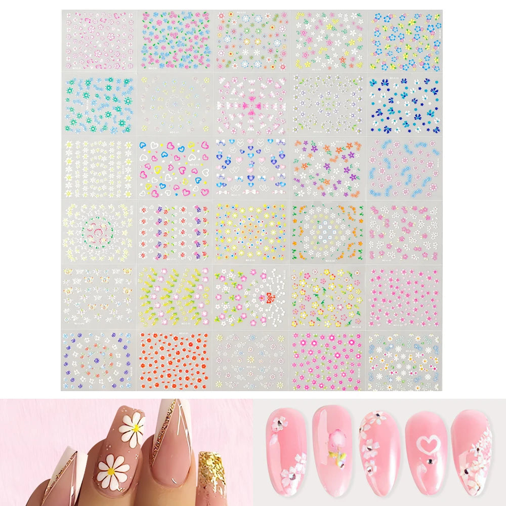 30pcs/Set Colorful Flower Nail Stickers Japanese-Korean Small Fresh Blossom Manicure Applique for Children&Girls Net Red Decals*