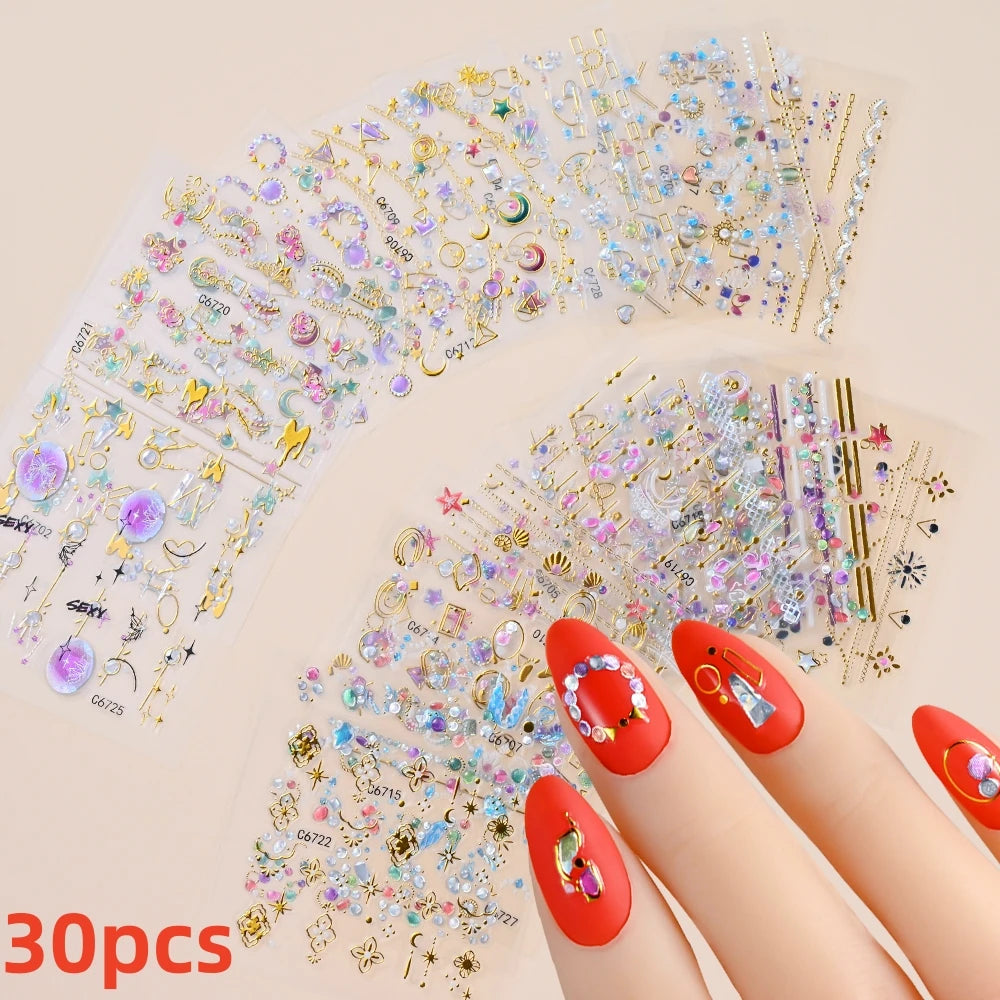 30pcs/Set Colorful Flower Nail Stickers Japanese-Korean Small Fresh Blossom Manicure Applique for Children&Girls Net Red Decals*