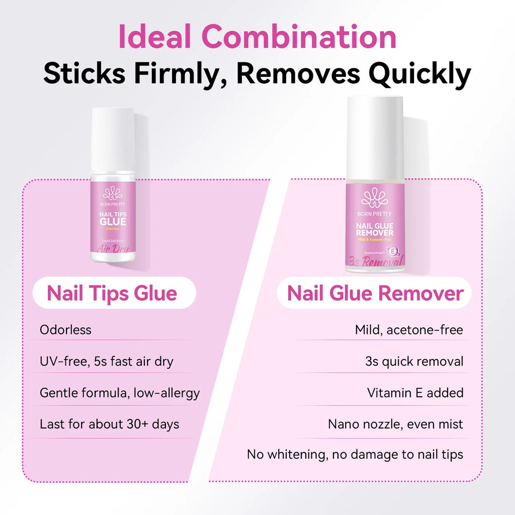 BORN PRETTY 20ml Nail Glue Remover Easily Removes with 7ml Nail Tips Glue For False Nails Odorless Fast Air Dry Acrylic Nails