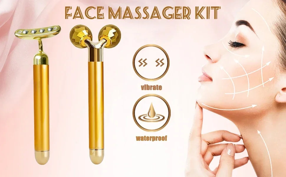 24KGlod Electric Face Massager 3D Roller 2 in 1 Face Pulse T Massager Kit Arm Eye Nose Massager Skin Care Tools