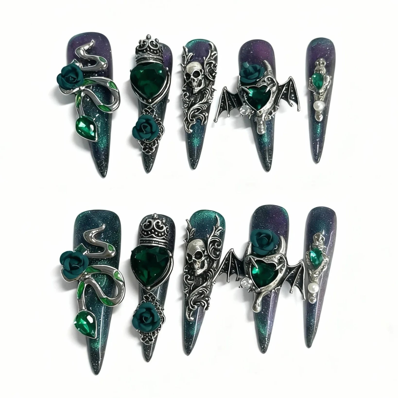 10Pcs Long Retro Stiletto Handmade Press on Nails Green Cat Eye Fake Nails with 3D Snake Design False Nail 네일팁 Накладные Ногти