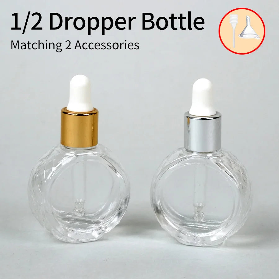 1/2pcs+2 accessories 10ml flat round glass transparent dropper bottle, including 2 spray bottles, 1 funnel, and 1 spring straw