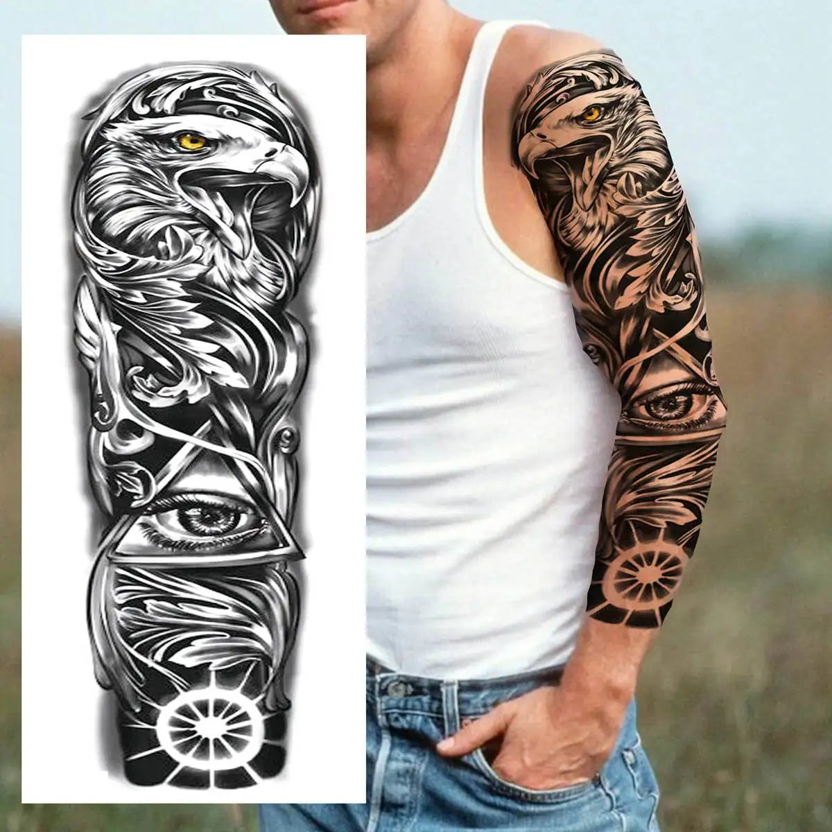 24 Sheets Full Arm Temporary Tattoo Sleeve For Men Women Thigh Arm Tattoo Black Flower Eagle Compass Tiger Tatoos Large Size 3D