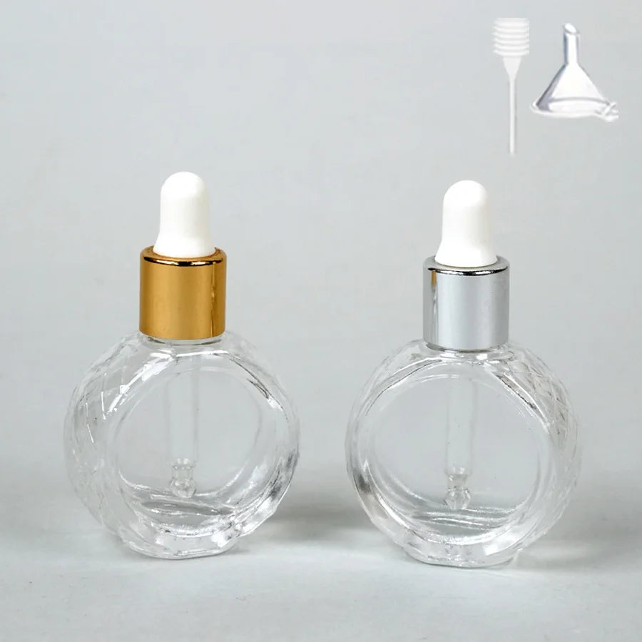1/2pcs+2 accessories 10ml flat round glass transparent dropper bottle, including 2 spray bottles, 1 funnel, and 1 spring straw