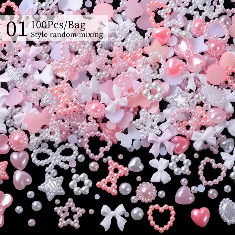 1Bag Mix Colorful Jelly Clear Ribbon Bowknot Nail Charms Heart Pearls Flower Flat-back Gems Parts Nail Art Manicure Decorations